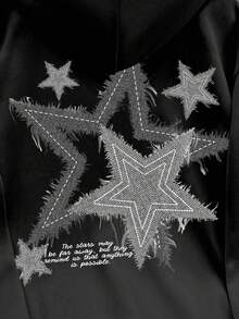 Claim Dot Men Black Label Fashionable Star Pattern Loose Dropped Shoulder Thick Thermal Lined Hoodie, Emo Style, 2000s Style, Fall Winter, Long Sleeve Top - Black - View 2