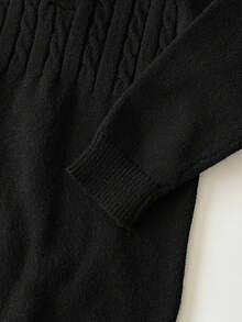 SHEIN 新生男婴/女婴翻领连体衣，粗针织纹理毛衣套装，适合秋冬季室内外穿着 - 黑色 - 查看 6