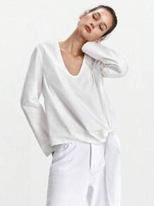 Lumivelle 女式V领长袖系带下摆衬衫，秋季 - 白色 - 查看 1