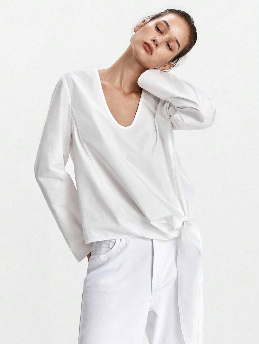 Lumivelle 女式V领长袖系带下摆衬衫，秋季 - 白色 - 查看 1