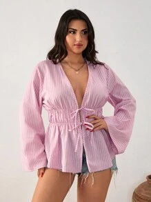 SHEIN Cottnline ملابس علوية نسائية كاجوال بوهيمية بيضاء برباط سحب وأكمام طويلة مقاس كبير مناسبة للبرانش والمناسبات الرسمية في فصل الخريف - وردي مغبر - مشاهدة 3