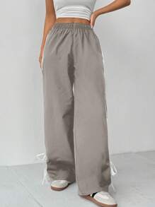 SHEIN PETITE Quần ống rộng lưng thun co giãn sọc hai bên dành cho nữ - Xám - Xem 3