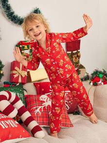 SHEIN Boys' Merry Christmas Pajamas - Gingerbread Man Print Burgundy Long Pants And Long Sleeve Cardigan Comfortable 2 Pieces Sleepwear Set, Family Matching Outfits (4 Sets Sold Separately) Matching Family Pajama Sets Fall Winter