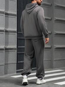 Manfinity Homme 男士纯色简约休闲长袖连帽衫和裤子套装男士运动服套装男士连帽衫和运动裤套装男士慢跑套装休闲两件套男士男士运动服套装，秋季服装 - 深灰色 - 查看 2