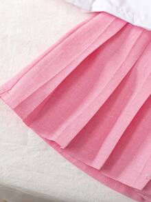 Elladie kids 三件套时尚可爱女童套装：蝴蝶结刺绣背心+系带长袖衬衫+百褶裙，学院风，秋冬款 - 粉色 - 查看 6