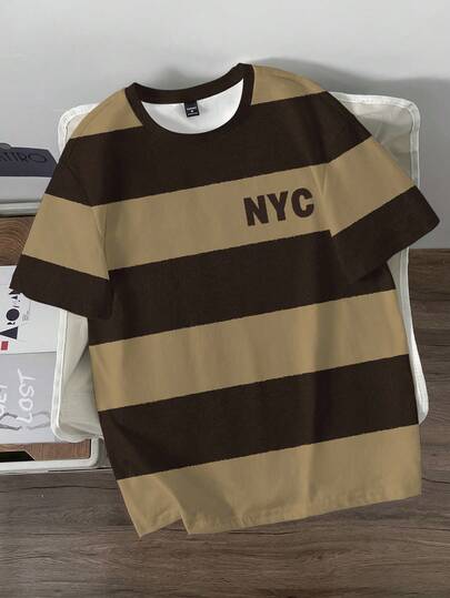 Manfinity Joysei Fashionable Casual Young Casual Faux Fur Knit Texture Striped Contrast Color New York Letter Digital Print Pattern Standard Size Men Slim Fit Crew Neck Short Sleeve T-Shirt, Suitable For Dates, Gatherings, Essential Outfit, Suitable For Couples, Family Matching, Great Gift For Boyfriend