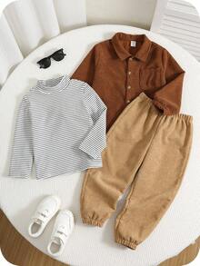 SHEIN 3 件套年轻男孩秋冬灯芯绒长袖衬衫、条纹长袖上衣、高领 T 恤和休闲裤套装，适合室内、户外、日常穿着、运动、玩耍、派对、拍照、假日、节日、狂欢
