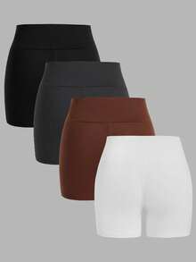 SHEIN EZwear 4 件套休闲简约字母印花短款高腰紧身打底裤，大码女款，适合夏季 - 彩色 - 查看 2