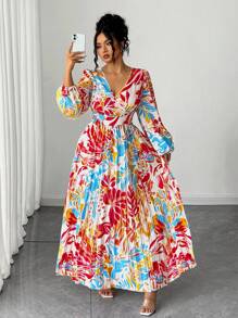 Elenzga Halloween Plus Size Women's Elegant Colorful Floral Print V-Neck Ruched Flared Hem High Slit Long Sleeve Maxi Dress Fall Cloth For Women - Multicolor - View 1