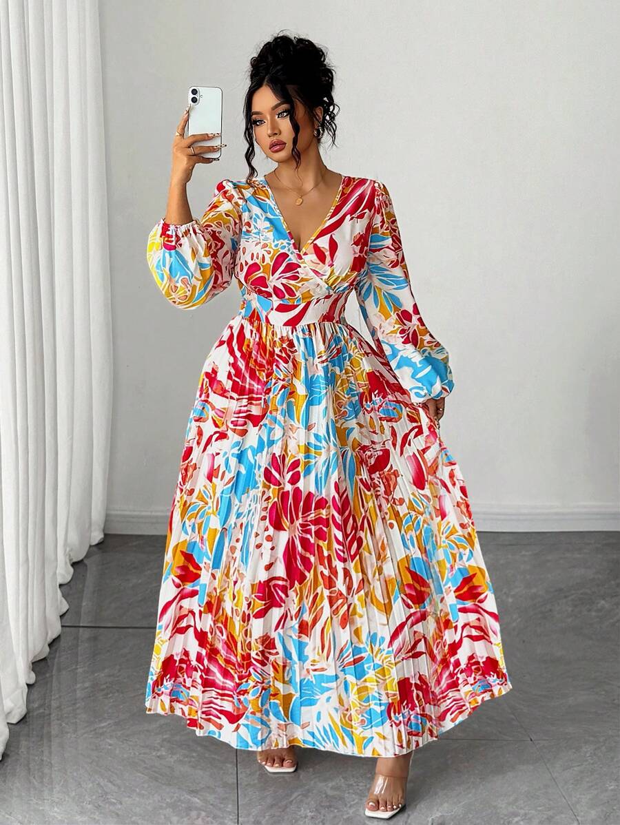 Elenzga Halloween Plus Size Women's Elegant Colorful Floral Print V-Neck Ruched Flared Hem High Slit Long Sleeve Maxi Dress Fall Cloth For Women - Multicolor - View 1