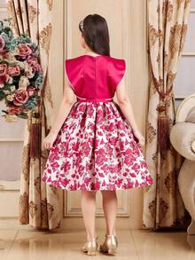 Vestido elegante de cetim com patchwork floral e jacquard com laço para meninas pré-adolescentes - Borgonha - Ver 2
