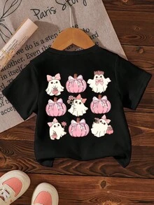 SHEIN 万圣节少女休闲时尚创意井字南瓜蝴蝶结幽灵图案印花基础款短袖T恤 可爱幽灵衬衫 万圣节衬衫 可爱幽灵衬衫 可爱童装 女孩万圣节衬衫 女孩可爱衬衫 猫咪衬衫 儿童猫咪图案T恤 女孩万圣节衬衫 女孩幽灵衬衫 - 黑色 - 查看 3