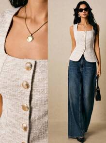 Poéselle Damen Top, gestrickter Tweed mit Metallknopfleiste, Rückentaille-Bindung, asymmetrischer Saum, Damen Top, Damen Top mit quadratischem Ausschnitt, einreihig, modische Rückentaille-Bindung, Trägerhemd, Herbst Tops, Herbstkleidung für Damen, Winterkleidung für Damen, Herbst Outfits, Ausgeh-Tops, Y2K, Business Lässig Frau