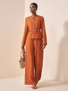 Zivah Conjunto de 2 piezas de lino en marrón rojizo, compuesto por: Chaqueta de manga larga con solapa asimétrica y decoración de botón de metal, cintura ceñida, y pantalón de pierna ancha. Nuevo lanzamiento para otoño/invierno 2025, ideal para festivales de música, graduación, uso diario, vacaciones en la playa, streetwear y elegante para ir al trabajo.