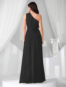 New Fashionable Elegant Slim Fit Asymmetric Neckline Sleeveless Dress - Black - View 2