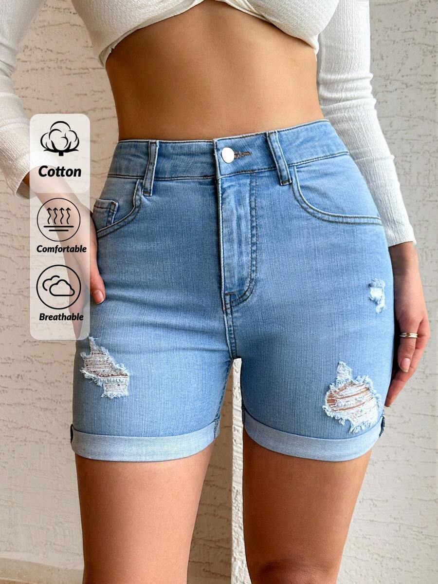 EURMUSE 97% Cotton Mini Heavy Destroy Short Fold Up Detail - Light Wash - View 1