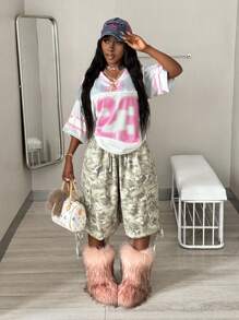 Coolane 青少年女孩春夏 Y2K 外出比赛日街头时尚数字图案大码 T 恤 - 灰色 - 查看 2