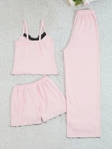 RueChic 3Pcs Cotton Lace Trim Cami Top With Lace Detail And Lettuce Trim Detail Lounge Bottom&Shorts Homewear Set - Baby Pink - View 2