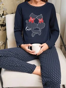 SHEIN Cottnline 100% Cotton 2Pcs  Polka Dot &Animal Printed Homewear PJ Set - Navy Blue - View 4