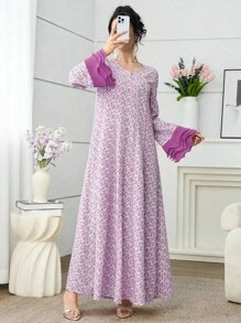 Yasmyna Vestido de mujer con estampado floral elegante, mangas plisadas y parches, con estilo árabe encantador, para primavera/verano