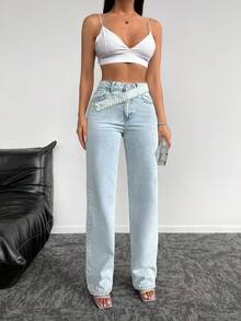 EURMUSE 100%Cotton Asymmetrical Waist Straight Leg Jeans - Light Wash - View 5