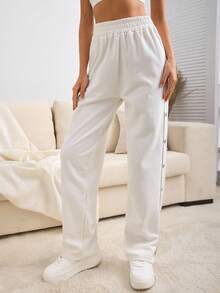 EURMUSE Cotton Wide Leg Side Detailed Sweatpant Women S Bottoms Women Summer Clothing Women Summer Sets Women Clothing Summer Outfits Summer Outfits For Women - Beige - View 3