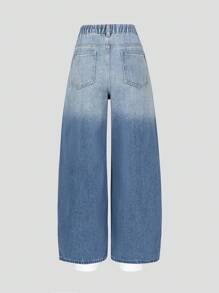 青少年女孩 Y2K 风格水洗牛仔阔腿牛仔裤，休闲松紧腰宽松日常时尚裤，适合青少年女孩 - 中等水洗藍 - 查看 2