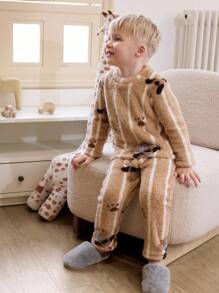 Young Boys Cute Cartoon Puppy Striped Fleece Print Long Sleeve Round Neck Pajama Sets Bear Pajamas Toddler Boy - Mocha Brown - View 4