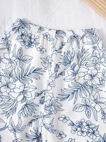 Set de pijama casual de 2 piezas con top de bloques de color y pantalones de corte relajado con estampado floral completo para niñas, primavera/verano