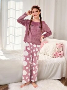 SHEIN 2 件套 Tween Girl 卡通刺绣圆领长袖上衣和云朵图案柔软法兰绒睡裤套装，秋冬季舒适家居服 - 藕粉色 - 查看 3