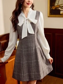 Vintamour Vintage Classic Elegant Women's Dress, Fitted Flared Collar Dress, 2 In 1 Dress, Plaid Dress, Long Sleeve Dress Spring