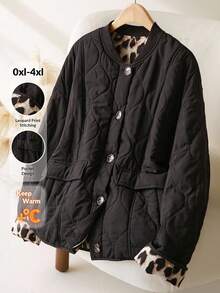 CosyJoli Plus Size Casual Leopard Print Contrast Color Woven Lightweight Jacket Winter Fall Autumn - Black - View 1