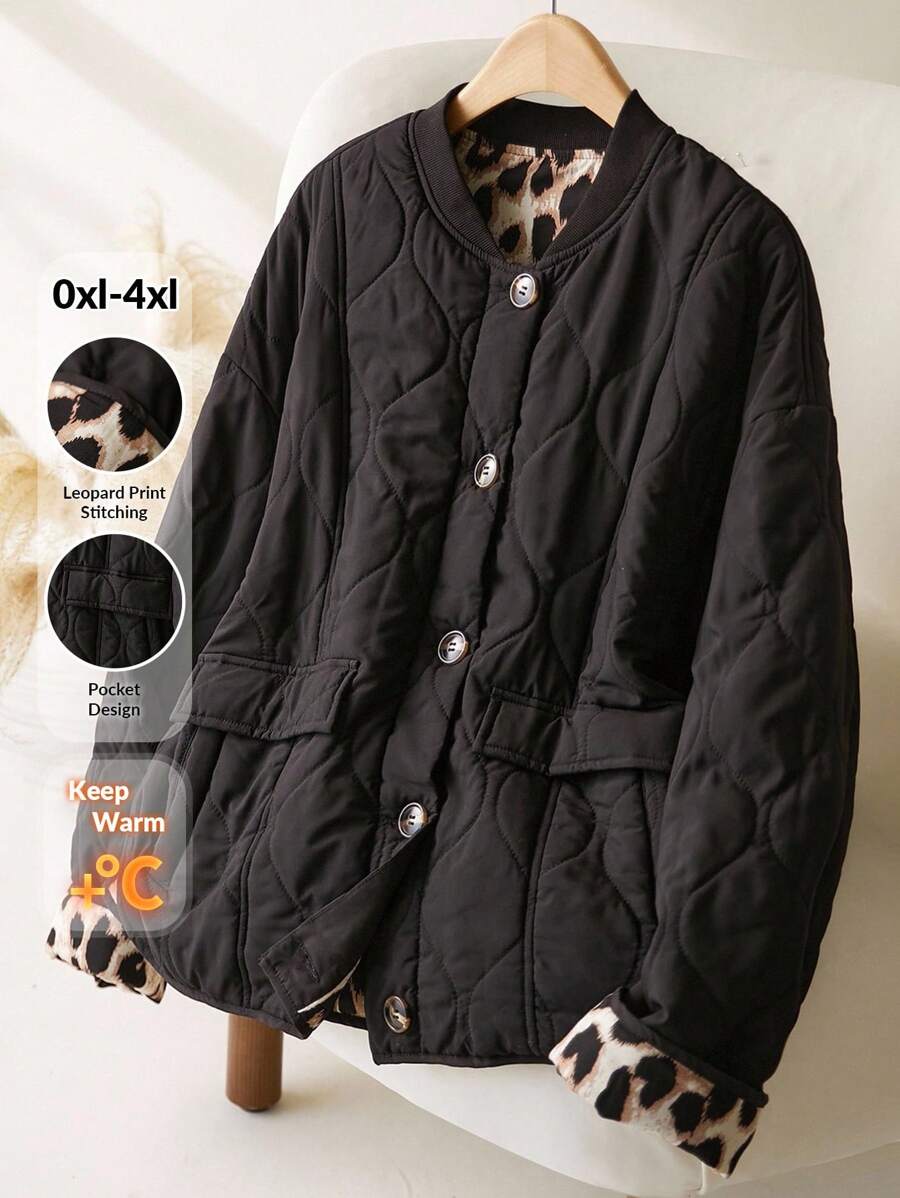 CosyJoli Plus Size Casual Leopard Print Contrast Color Woven Lightweight Jacket Winter Fall Autumn - Black - View 1