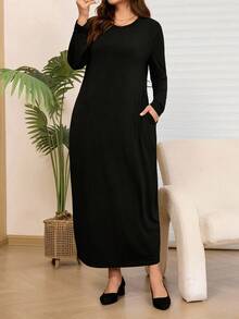 Rosumi 大码女式圆领长袖黑色带口袋连衣裙，秋冬 - 黑色 - 查看 2