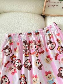 SHEIN 青少年女孩波西米亚风格卡通条纹可爱印花休闲简约圆领长袖 T 恤和宽松裤子家居服套装 - 淺粉色 - 查看 5