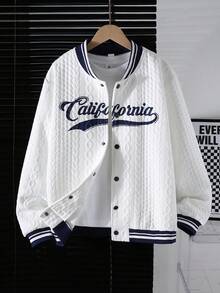 Chaqueta universitaria con textura y patrón de letras para adolescentes, adecuada para estilo casual y universitario en otoño e invierno - Blanco - Ver 5