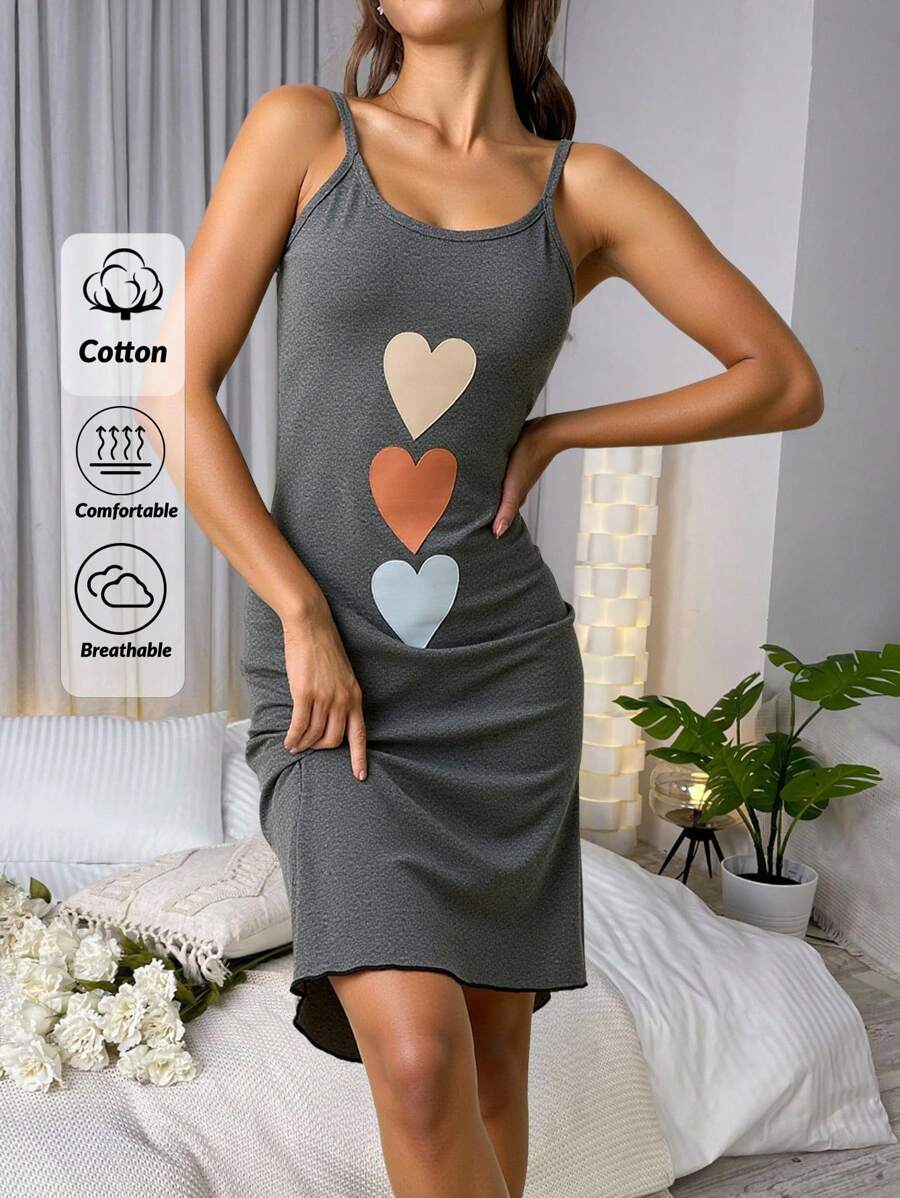 EURMUSE Plus 女士撞色生菜边细节多色心形印花无袖家居睡裙