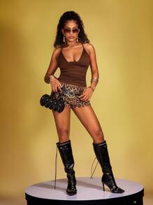 INAWLY Damen einfarbiges tief ausgeschnittenes gerüschtes eng anliegendes sexy Trägerhemd