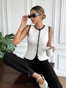 SHEIN Frenchy Chaleco de punto con ribete de contraste casual para mujer en otoño/invierno - Blanco - Ver 7