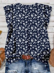 EMERY ROSE 大码简约碎花休闲衬衫，适合夏季 - 寶藍色 - 查看 2