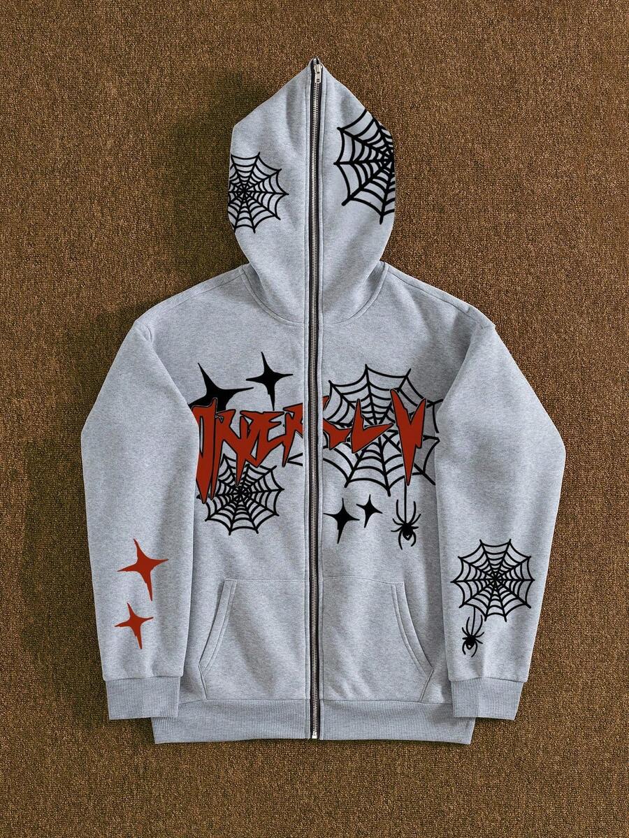 Manfinity EMRG Men's Spider Web Print Zip-Up Hooded Sweatshirt With Thermal Lined Spiderweb Hoodie Gray Graphic Hoodie , Fall Winter - Grey - View 1