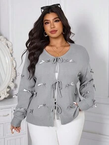 Reflora Curve Plus Size Women's Casual Daily Gray Butterfly Decoration Dropped Shoulder Long Sleeve Knitted Cardigan, Comfortable, Soft And Warm, Gray Long-Sleeved Lantern Sleeves Comfortable And Soft Waist Lotus Leaf Daily Casual Sweater, Suitable For Multiple Occasions,Halloween,Christmas,2025 New, Suitable For Multiple Occasions, Chic, Christmas - Grey - View 4