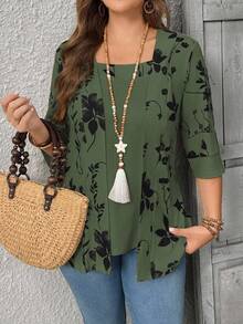 EMERY ROSE Summer Women's Floral Leaf Printed Patchwork 2 In 1 T-Shirt Graphic Tees Women Tops - Dark Green - View 4