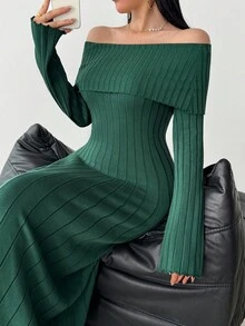 Modelyn 女士绿色露肩长袖优雅针织连衣裙，秋季 - 綠色 - 查看 4