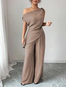 Elenzga 夏季新款韩版女士两件套，适合旅行和摄影，华丽深海蓝色不对称肩上衣和高腰修身休闲裤 - 卡其色 - 查看 7