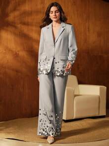Anewsta 优雅亮片刺绣灰色宽肩西装外套和裤子女士套装，秋季时尚 - 淺灰色 - 查看 5