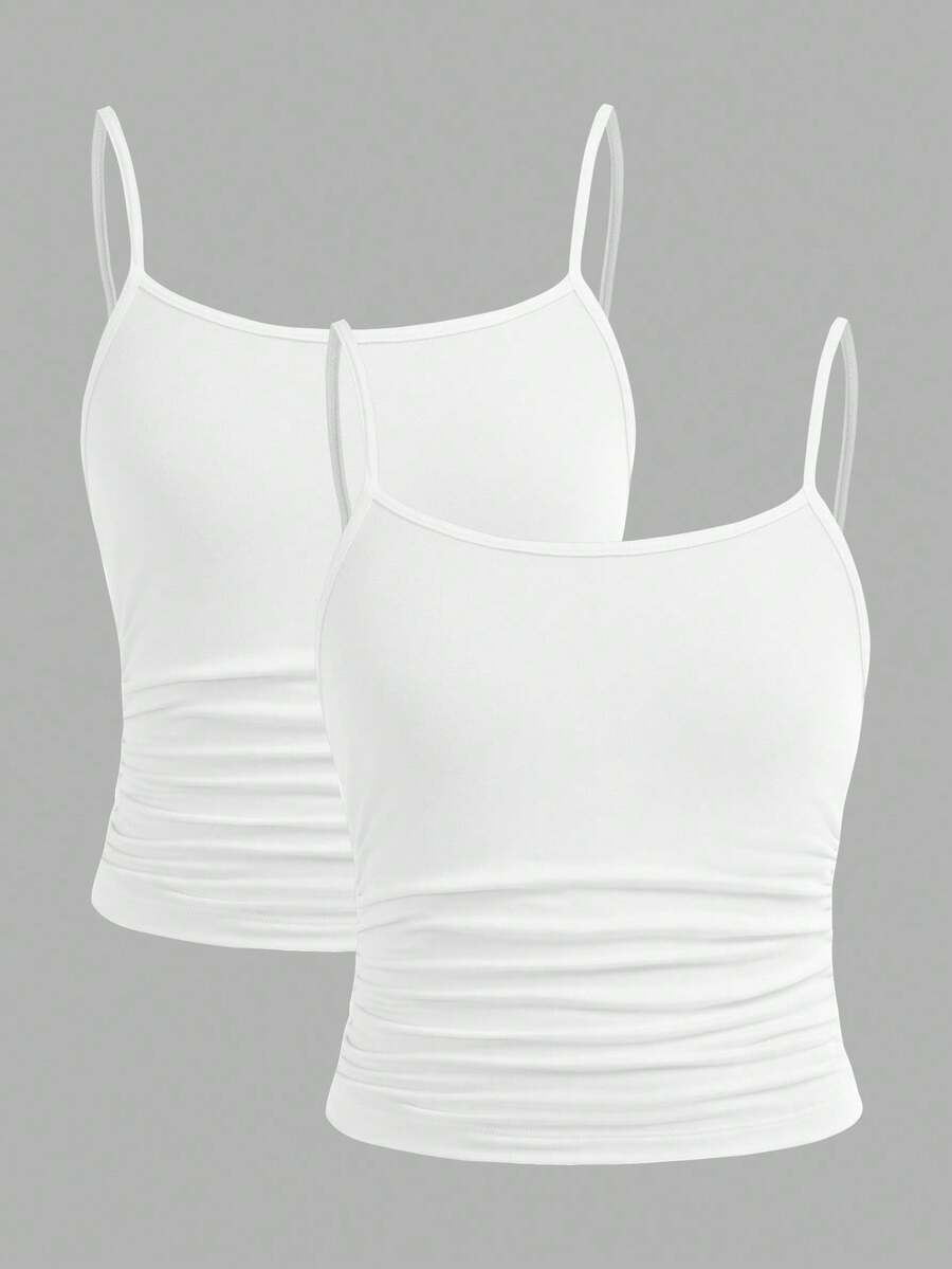 SHEIN Girlism Dozemod Tween Girl Tween Girl 2 件简约褶饰吊带背心文胸套装 - 白色 - 查看 1