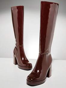 SHUZIA Women's Glamorous Comfortable Square Toe Platform Knee-High Boots With Inner Zipper - Brown - View 6
