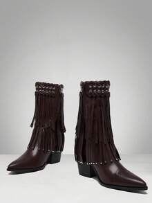 Solezae Women's Block Heel Fringe Western Cowgirl Boots –Chic & Statement-Making For Festivals, Concerts & All Your Boldest Fashion Moments. - Chocolate Brown - View 4