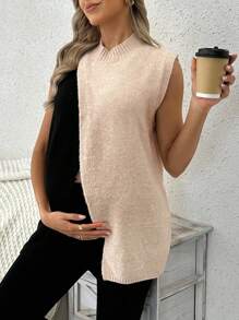 SHEIN Maternity Contrast Color Stand Collar Loose Casual Versatile Knitted Vest - Khaki - View 4